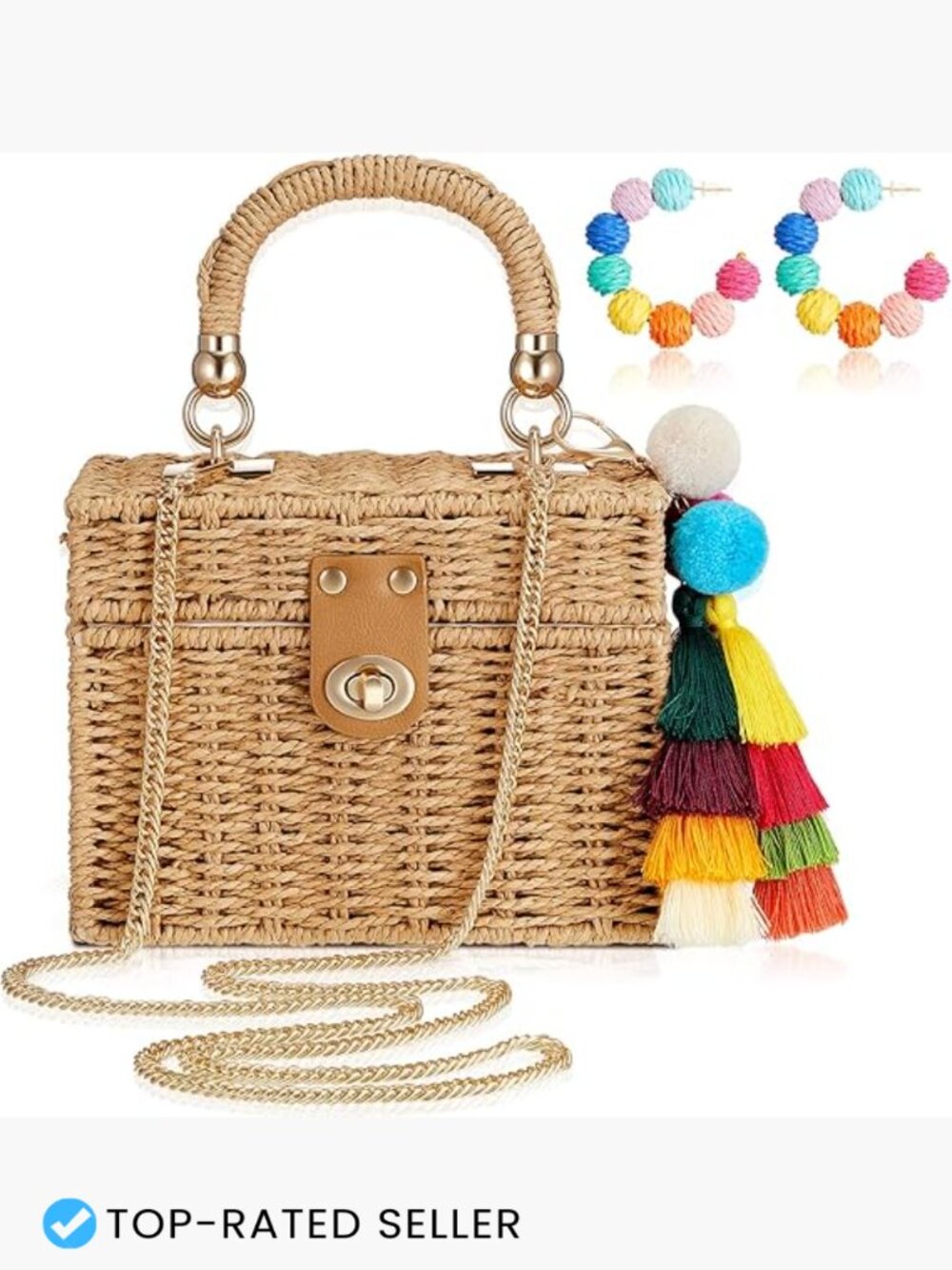 Rattan Straw Tote Bag with Tassels, Woven Square Purse, Crossbody Shoulder Bag
